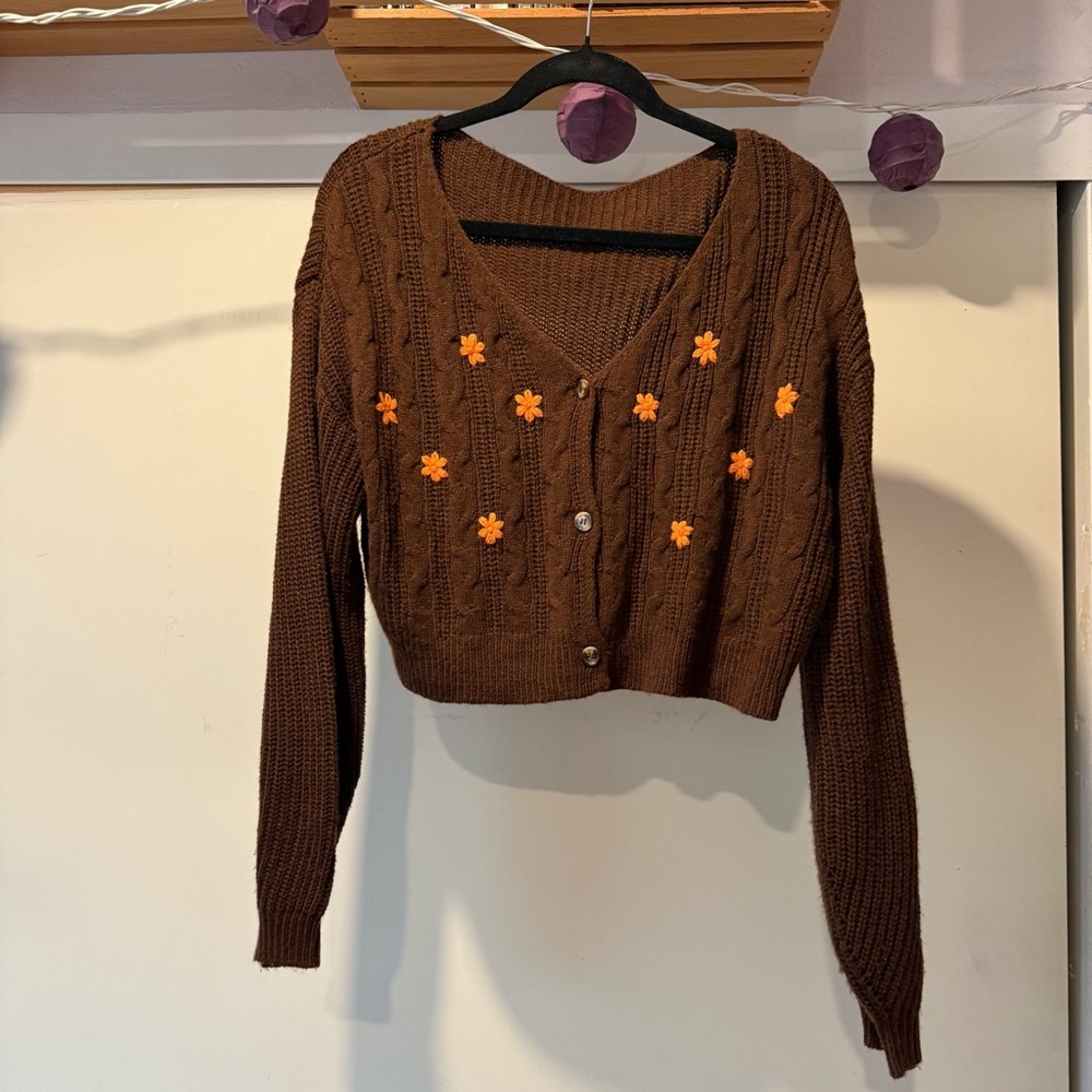 SHEIN Brown Cardigan with Orange Floral Details